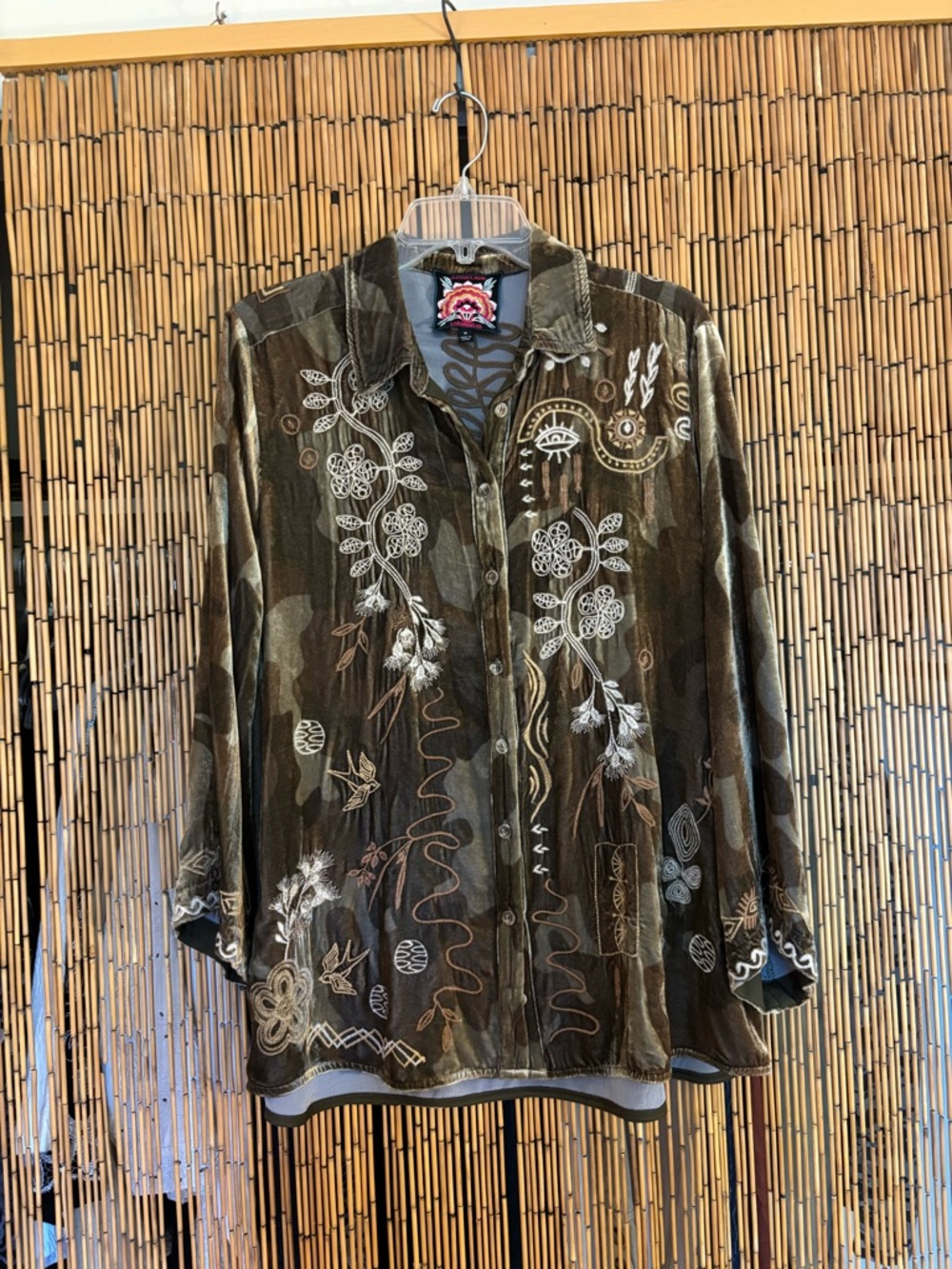 Johnny Was Olive Green Embroidered Button-Down Velvet Shirt